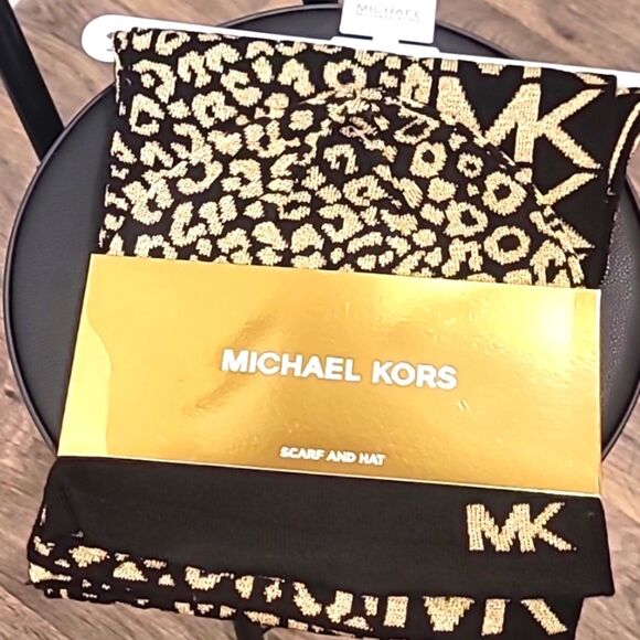 Michael Kors Metallic Leopord Logo Scarf & Beanie Hat Set